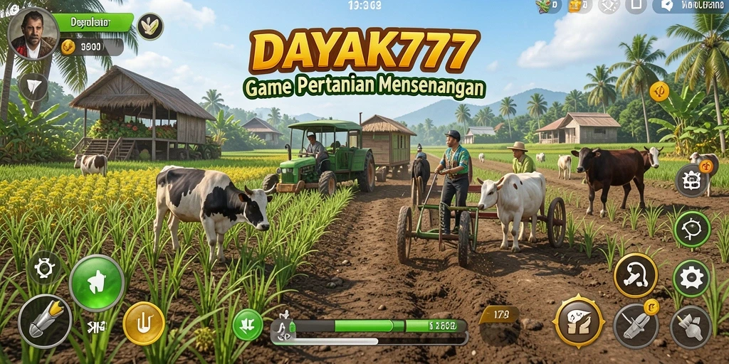 Tampilan gameplay DAYAK777 dengan aktivitas bertani yang seru.