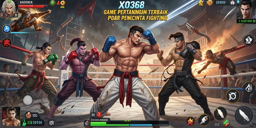 Screenshot utama XO368 menunjukkan aksi pertarungan yang intens.